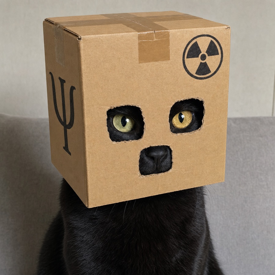 A black cat wearing a cardboard box over its head, marked with the Greek letter psi and a radiation symbol, eyes looking out through two holes.